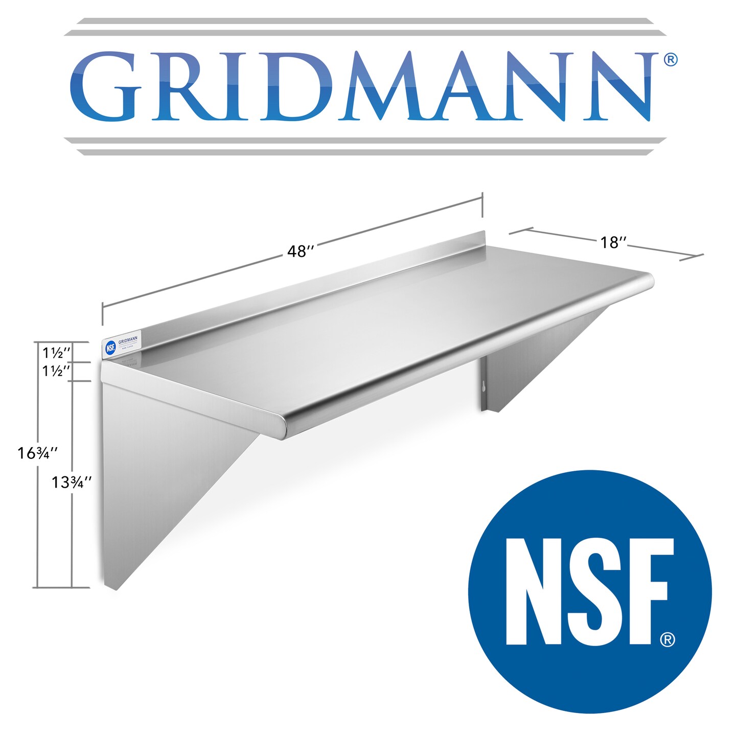 GRIDMANN NSF Stainless Steel 18&#x22; Deep Kitchen Wall Mount Shelves for Commercial Restaurant Bar w/ Backsplash