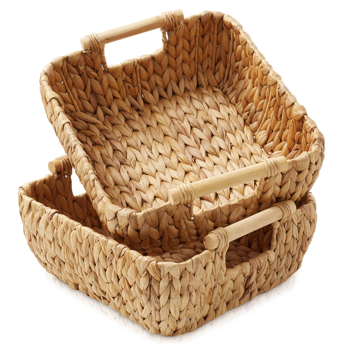 Casafield Set of 2 Water Hyacinth Oval Storage Baskets with Wooden Handles - Woven Bin Organizers