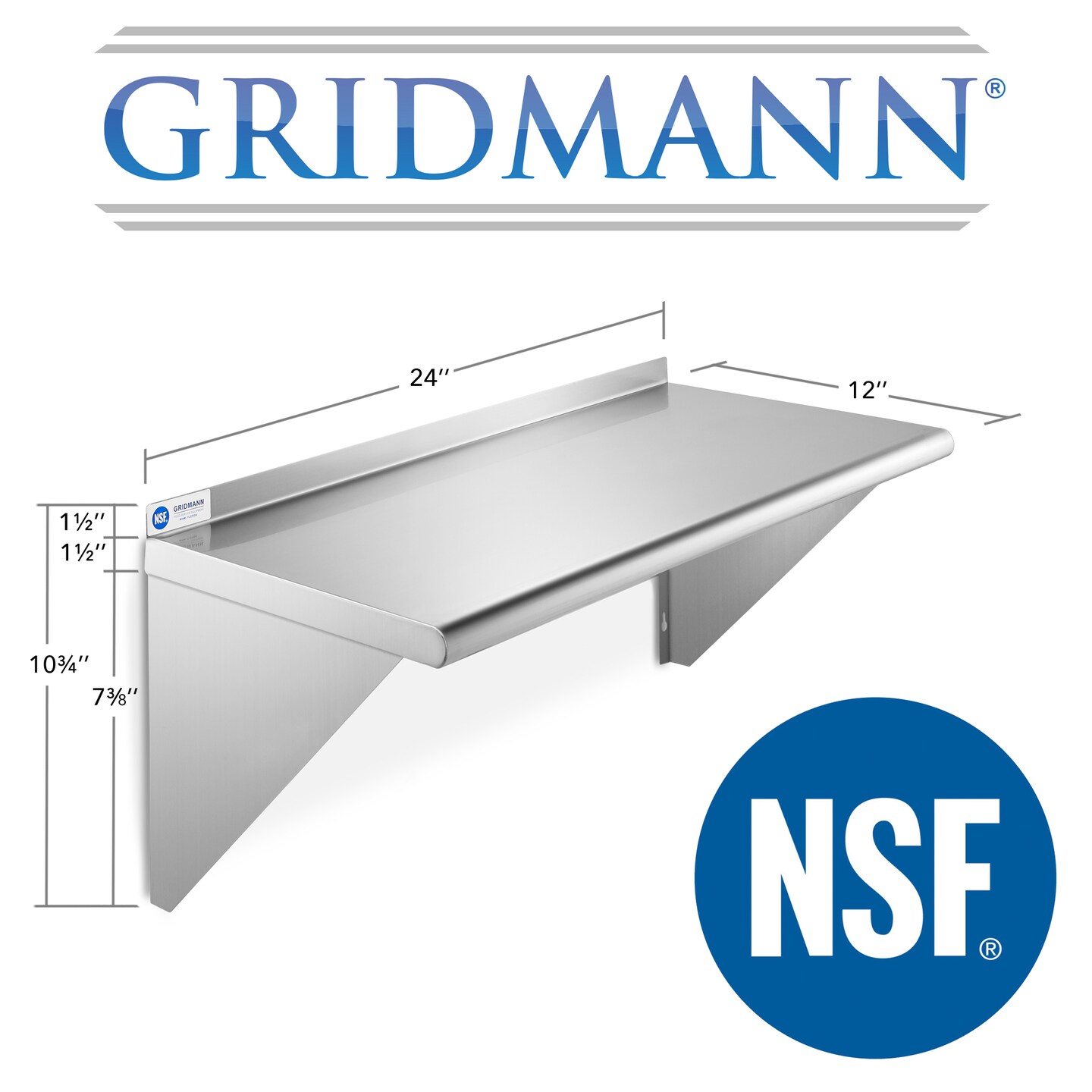 GRIDMANN NSF Stainless Steel 12&#x22; Deep Kitchen Wall Mount Shelves for Commercial Restaurant Bar w/ Backsplash