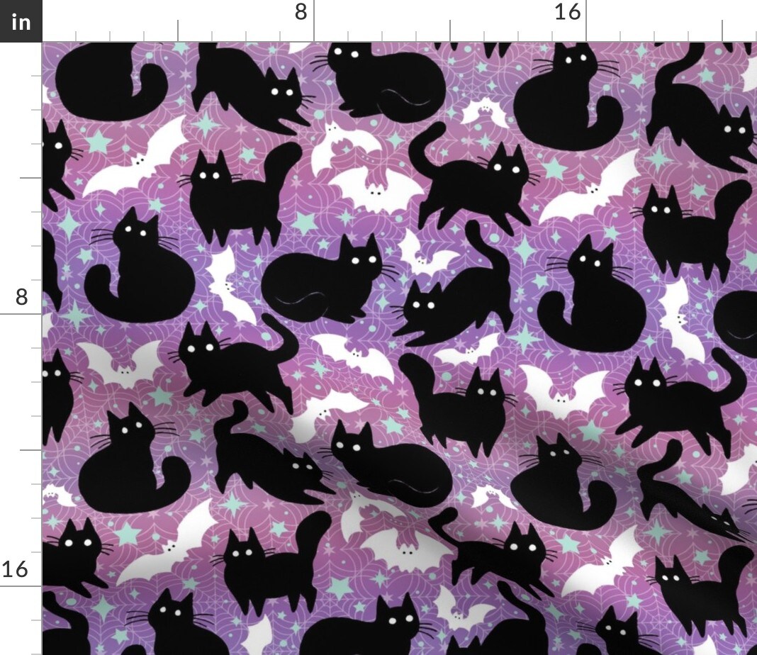 Pastel Halloween Black Cats Stars Purple Bats Cat Custom Printed Fabric by Spoonflower Various Fabrics by the Yard or Fat Quarter