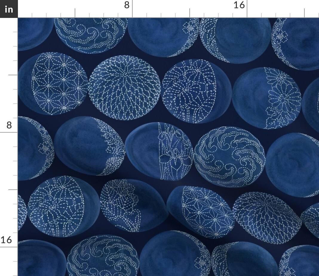 japanese inspired,sashiko moons,indigo blue asia,outer space,phases of the moon Custom Printed Fabric by Spoonflower Various Fabrics by the Yard or Fat Quarter
