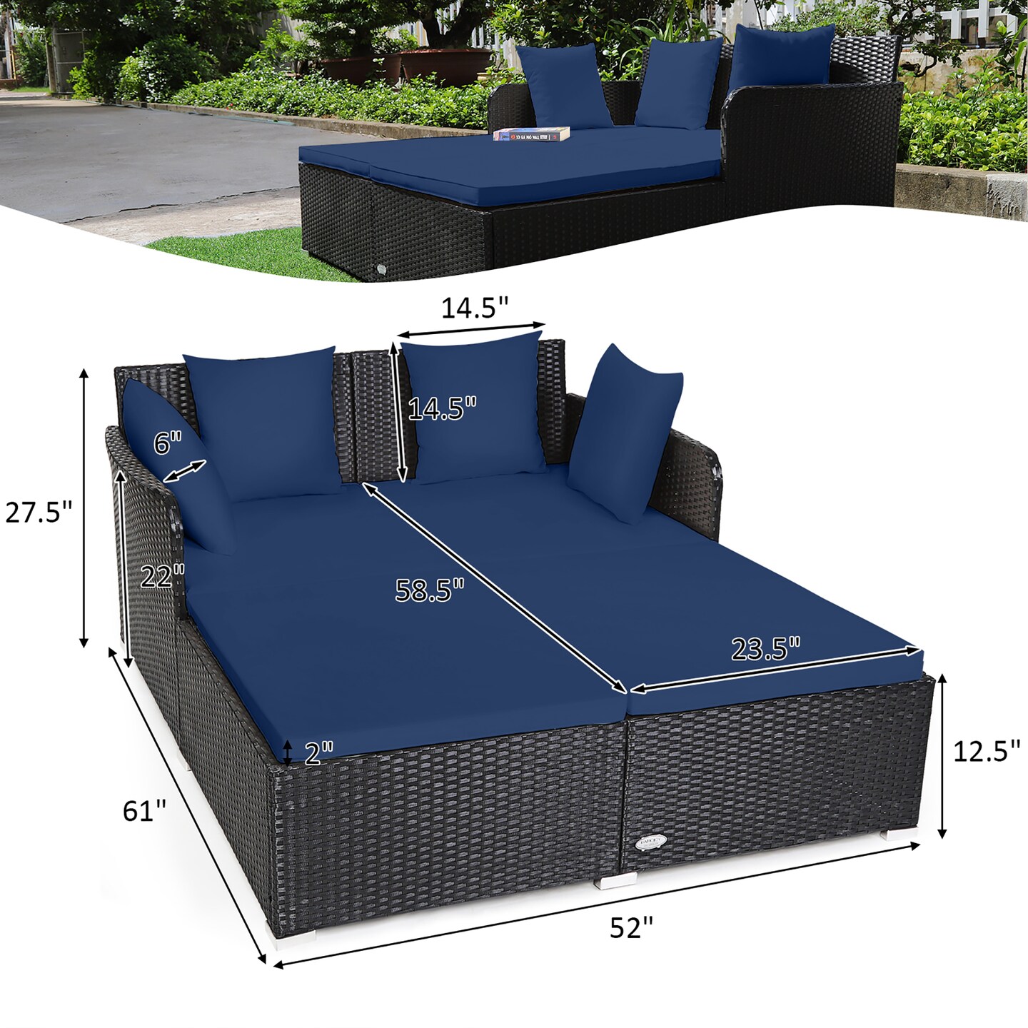 Costway Outdoor Patio Rattan Daybed Pillows Cushioned Sofa Furniture Beige/Turquoise/Red/Black