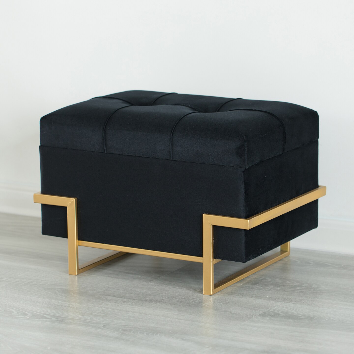 Rectangle Velvet Storage Ottoman Stool Box with Abstract Golden Legs | Decorative Sitting Bench for Living Room Home Decor with Unique Base Support