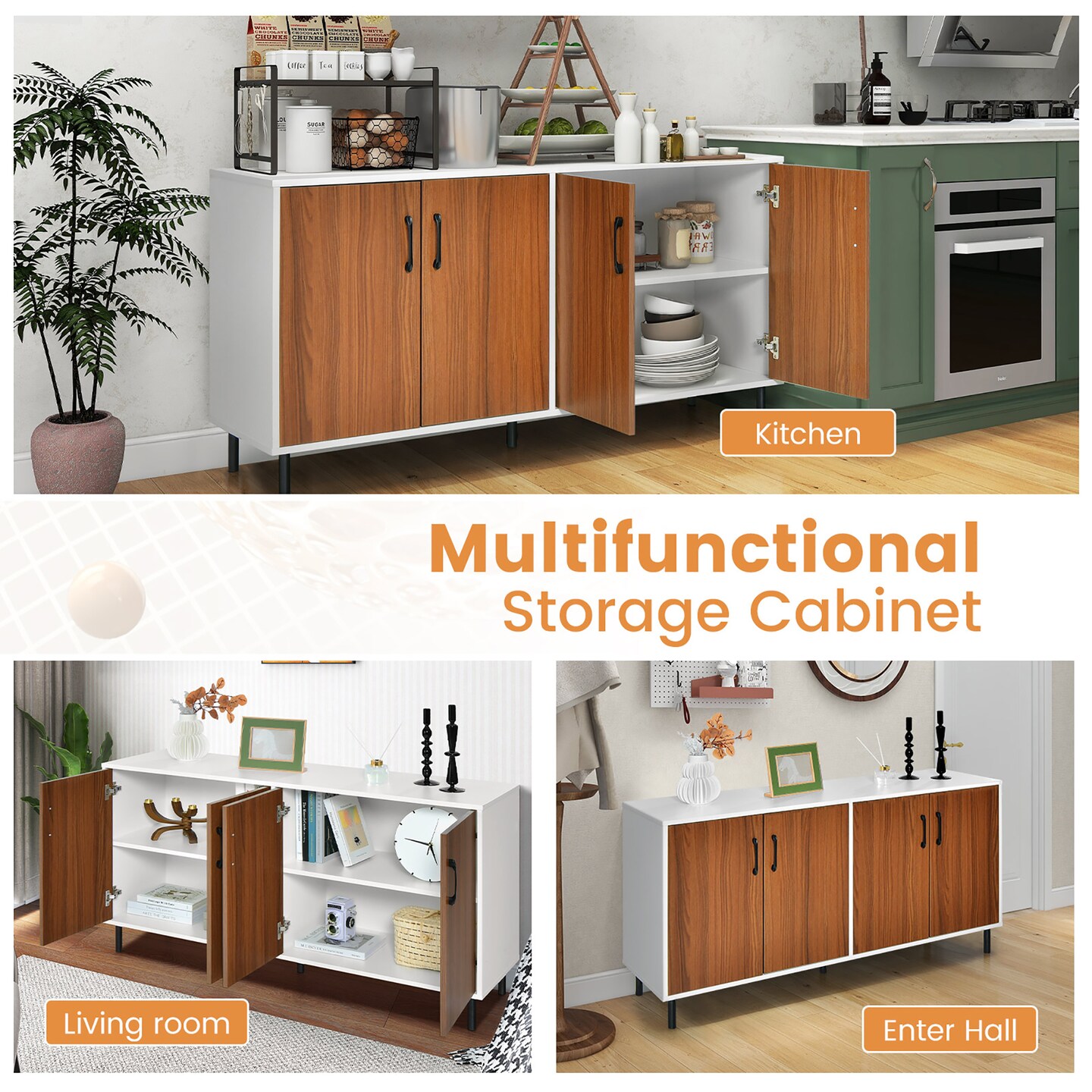 Costway Buffet Server Sideboard Kitchen Storage Cabinet Cupboard with Shelves & 4 Doors