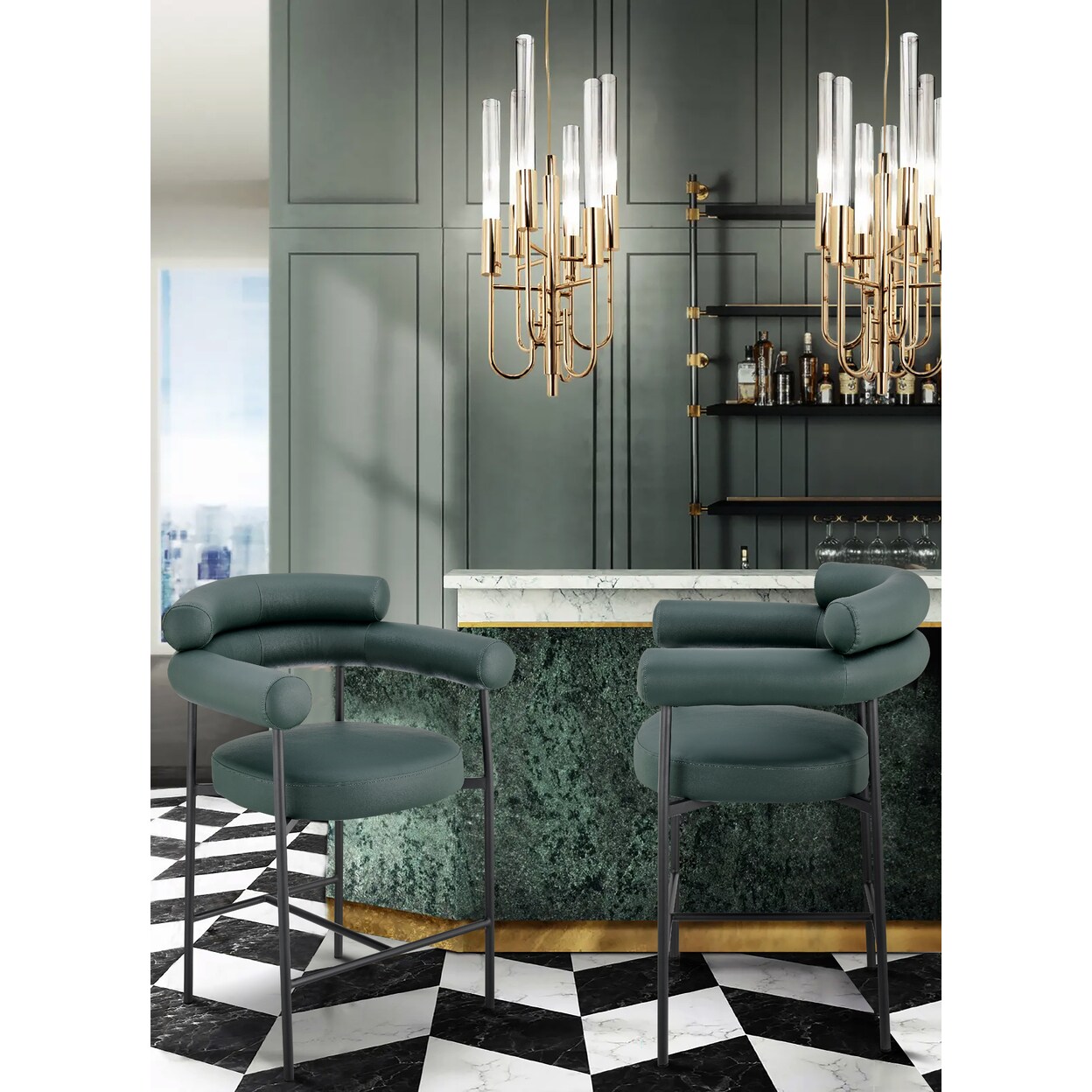 Iconic Home   Chubs Counter Stool Chair Faux Leather Upholstered Round Seat Open Back Design Architectural Solid Metal