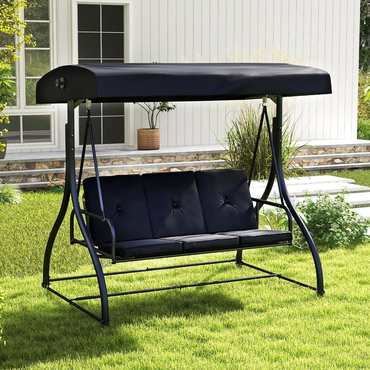 Converting Patio Swing Chair Porch Swing Bed W/Adjustable Canopy And Thickened Cushion