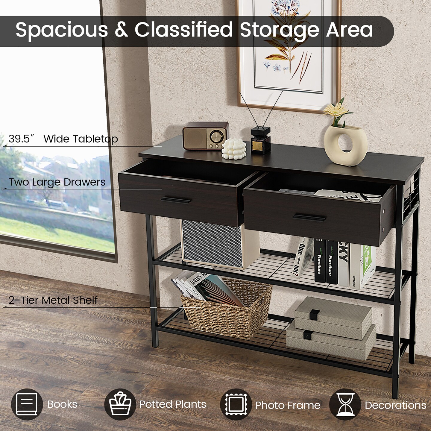 Costway Console Entryway Sofa Table with 2 Drawers for Entrance Living Room Rustic Brown/Walnut