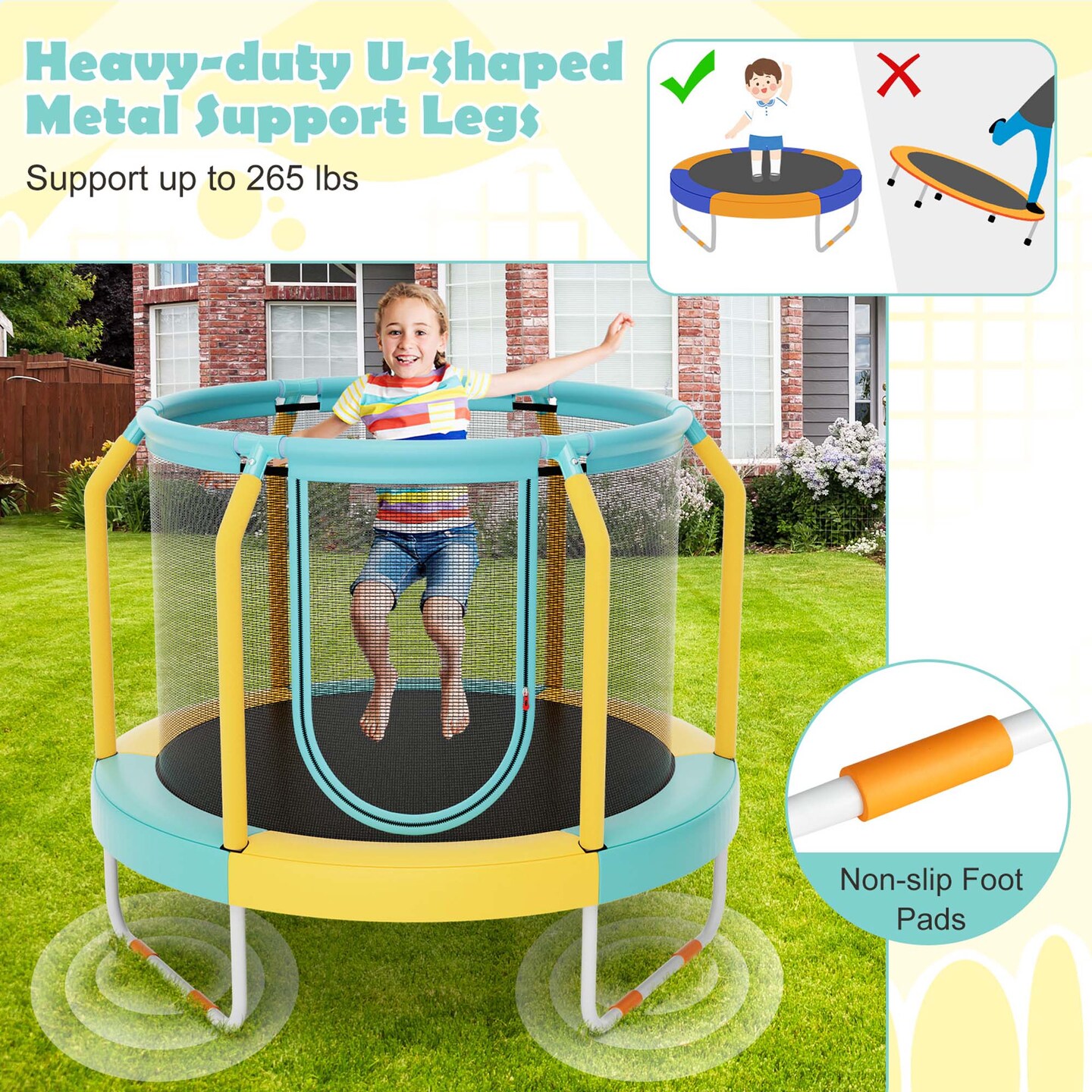 Costway 48&#x22; Mini Trampoline with Enclosure Heavy-Duty Metal Frame U-shaped Legs Orange/Yellow