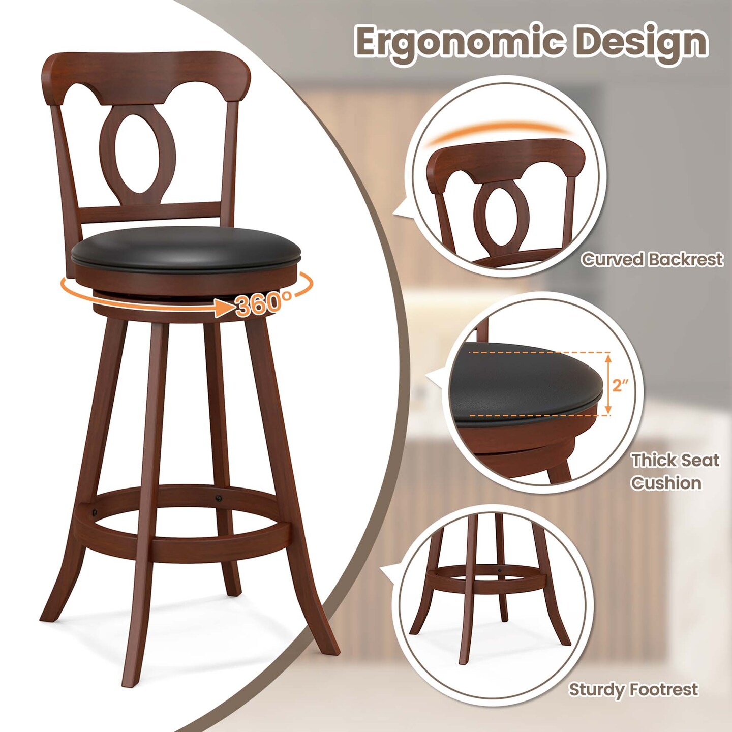 Costway Set of 2 Bar Stools  Swivel Counter Height Chairs with Footrest for Kitchen
