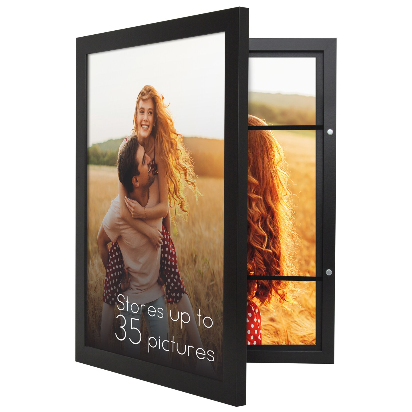 Americanflat Quick-Change Photo Storage Display Frame - Store up to 35 Pictures at Once with Elastic Strap Storage - Shatter Resistant Glass - Hanging Hardware - Includes Easel - Black