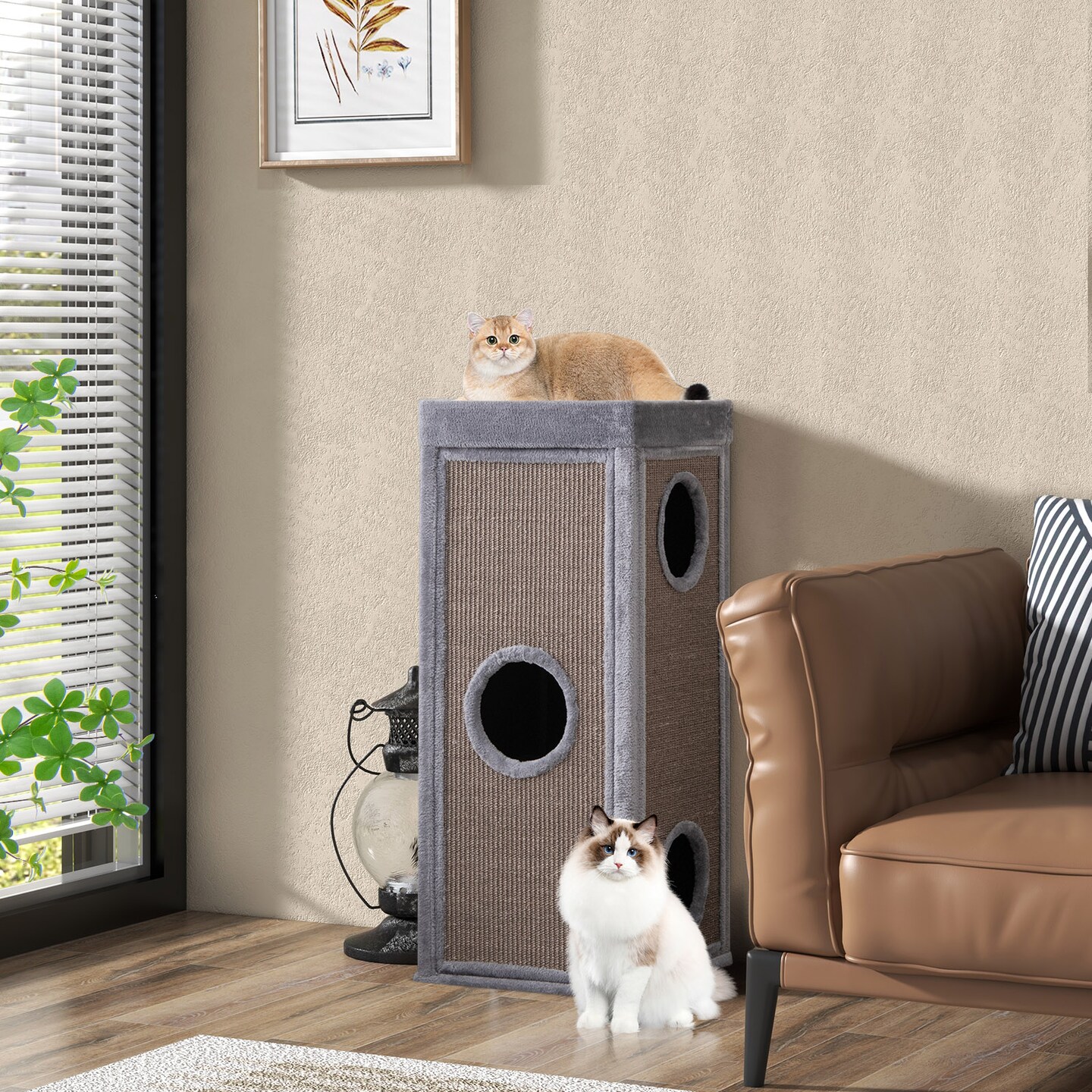 Costway 4-Story Cat House 39'' Cat Condo with Scratching Posts & 4 Soft Plush Cushions Gray/Natural