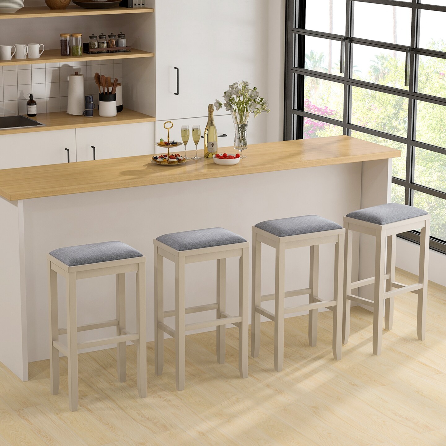 Costway Set of 2 Upholstered Bar Stools Wooden Counter Height Dining Chairs