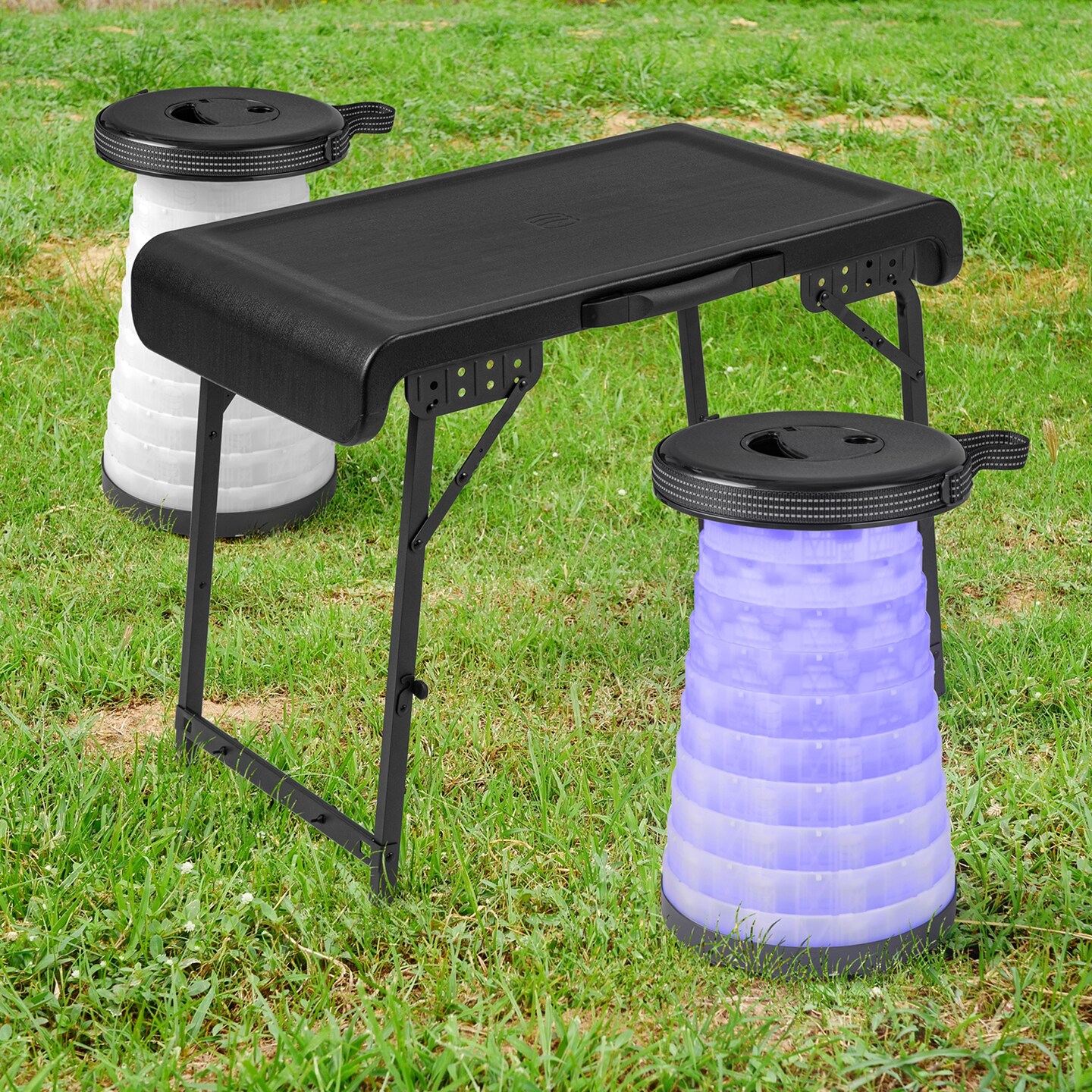 Costway 3-Piece Folding Table Stool Set with a Camping Table &#x26; 2 Retractable LED Stools