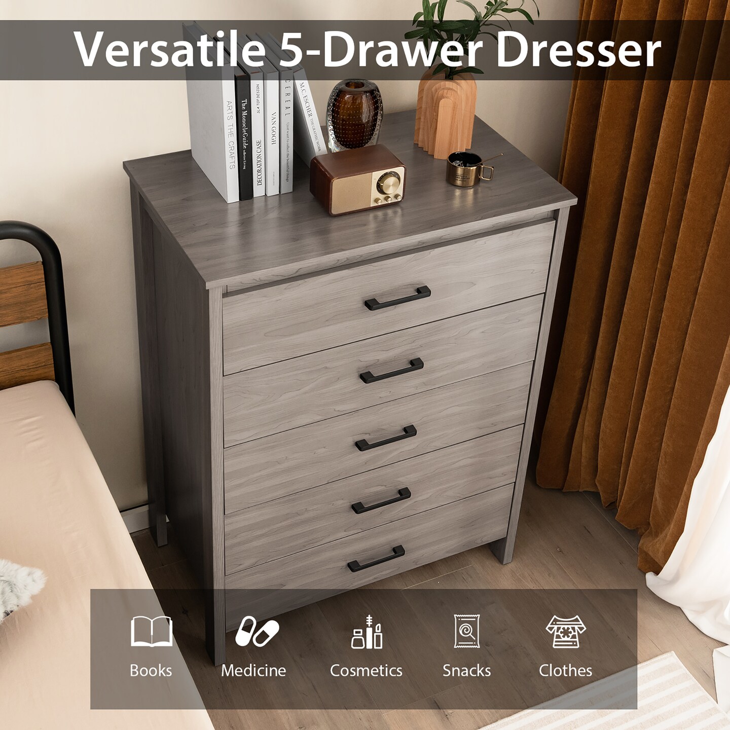 Costway Modern 5 Drawer Chest Storage Dresser Cabinet with Metal Handles Gray/White