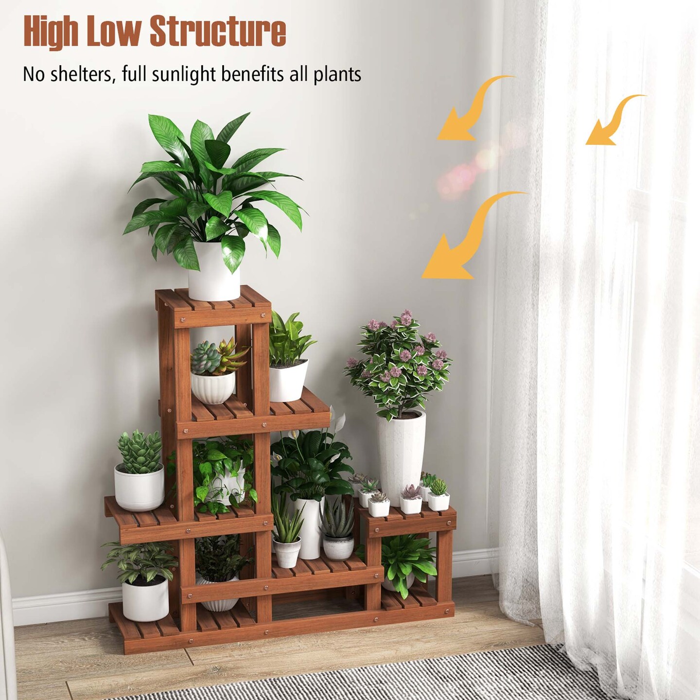 Costway Multi-layer Wood Plant Stand Flower Shelf Rack with High Low Structure