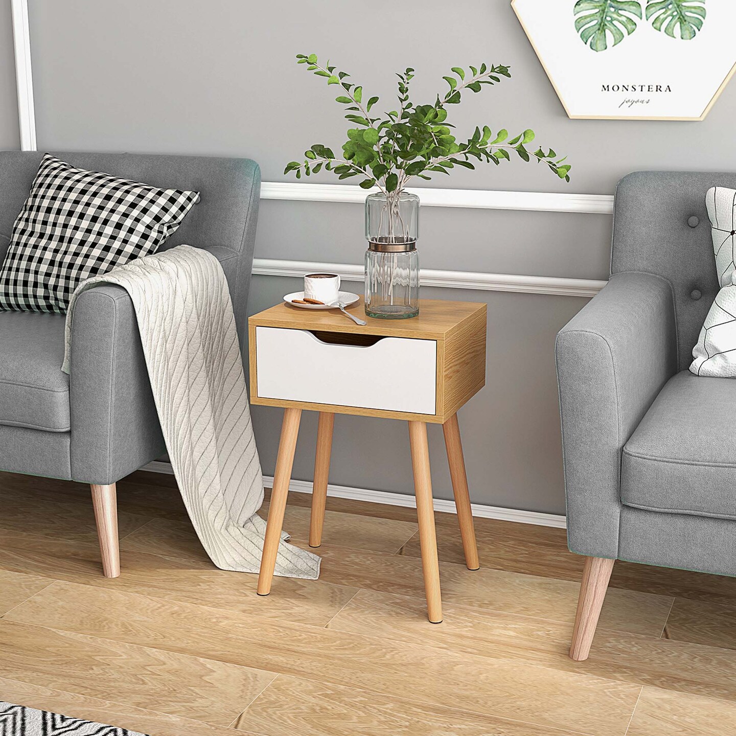 Costway Nightstand End Side Sofa Table Storage Drawer Living Room with Solid Wood Leg