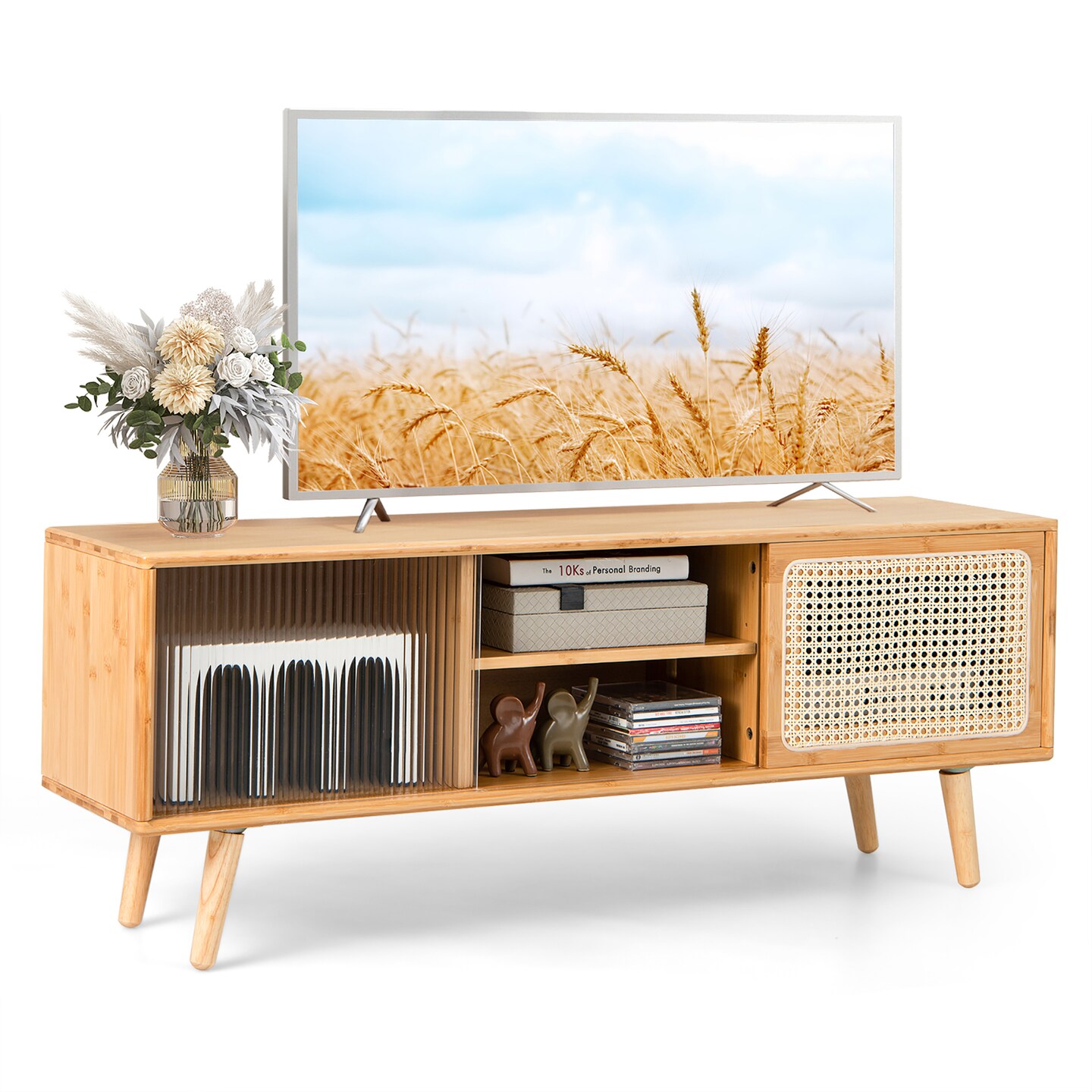 Costway Modern TV Stand Entertainment Center Media Console w/Rattan  Glass Sliding Doors