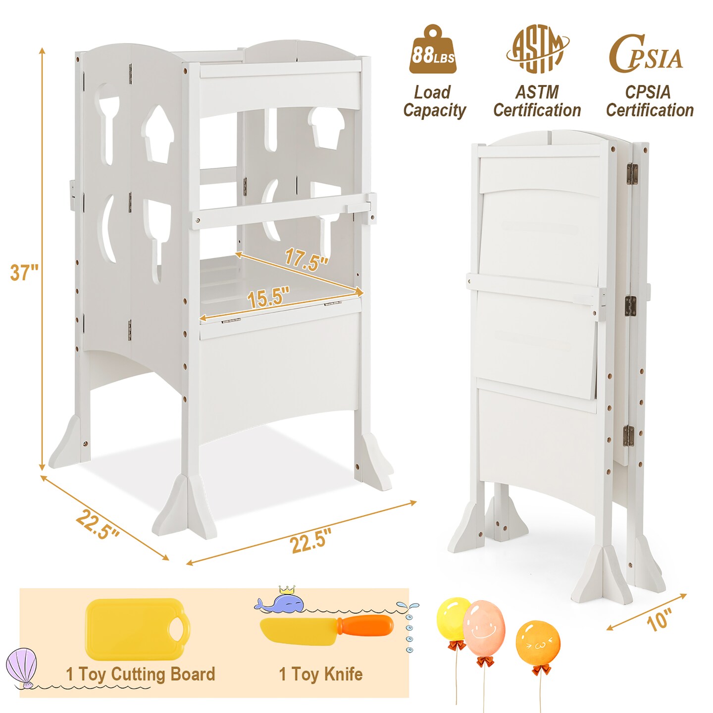 Costway Folding Kitchen Kids Step Ladder Stool Wooden Toddler Safety Tower Helper Coffee/White