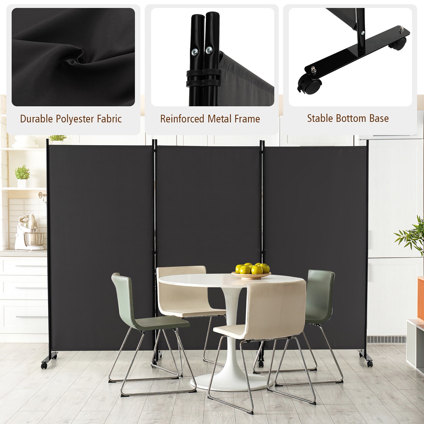 Costway 3-Panel Folding Room Divider 6Ft Rolling Privacy Screen withLockable Wheels Black/Brown/Grey/White