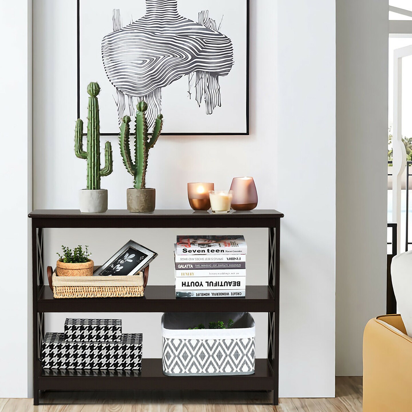 Costway 3-Tier Console Table x-Design Bookshelf Sofa Side Accent Table w/Shelf Espresso\Black