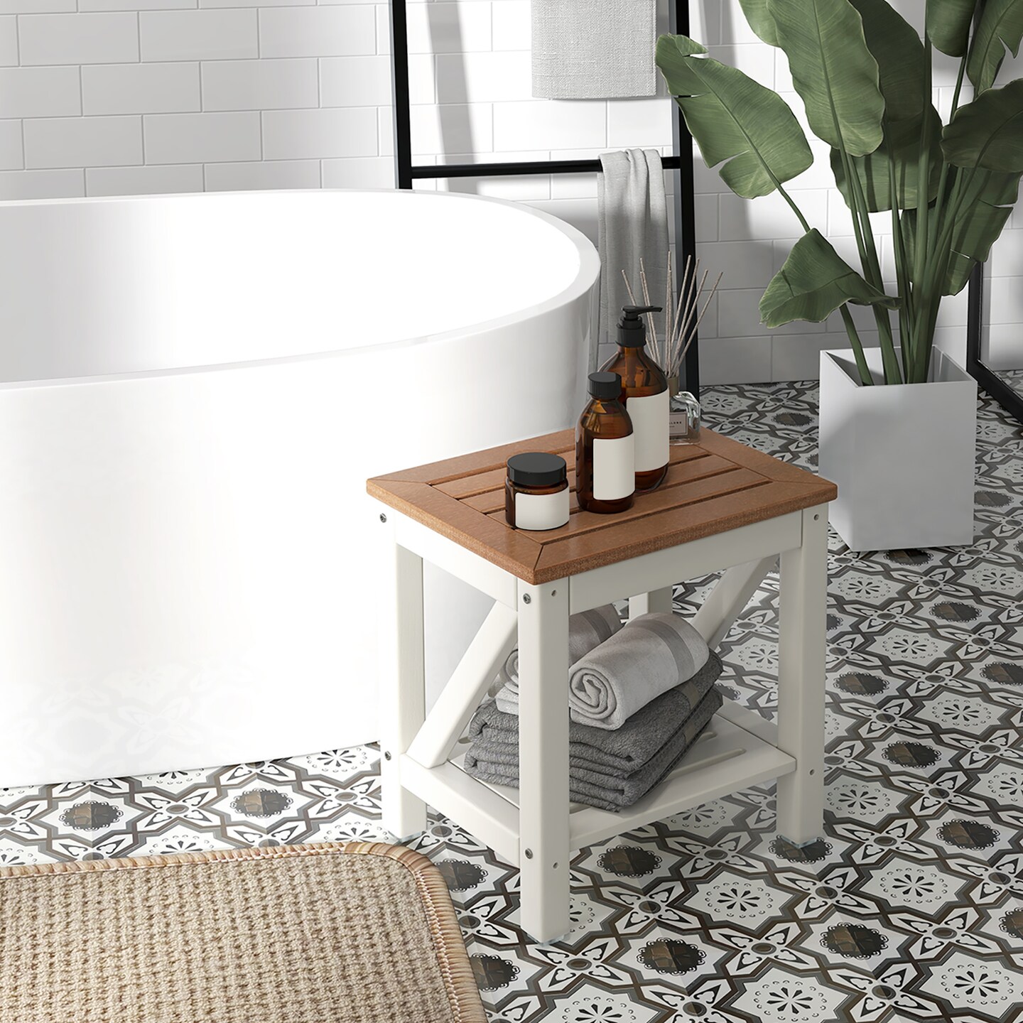 Costway 2-Tier Heavy Duty Waterproof HDPE Shower Bench Stool with Bottom Storage Shelf Off  White &#x26; Brown