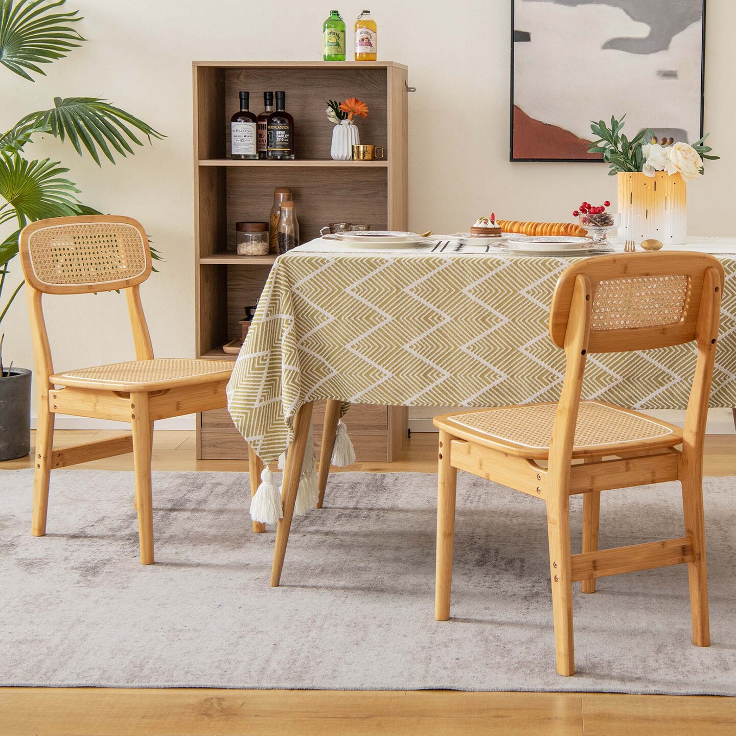 Costway Rattan Accent Chairs Set of 2 Bamboo Frame Cane Woven Backrest &Seat Dining Room