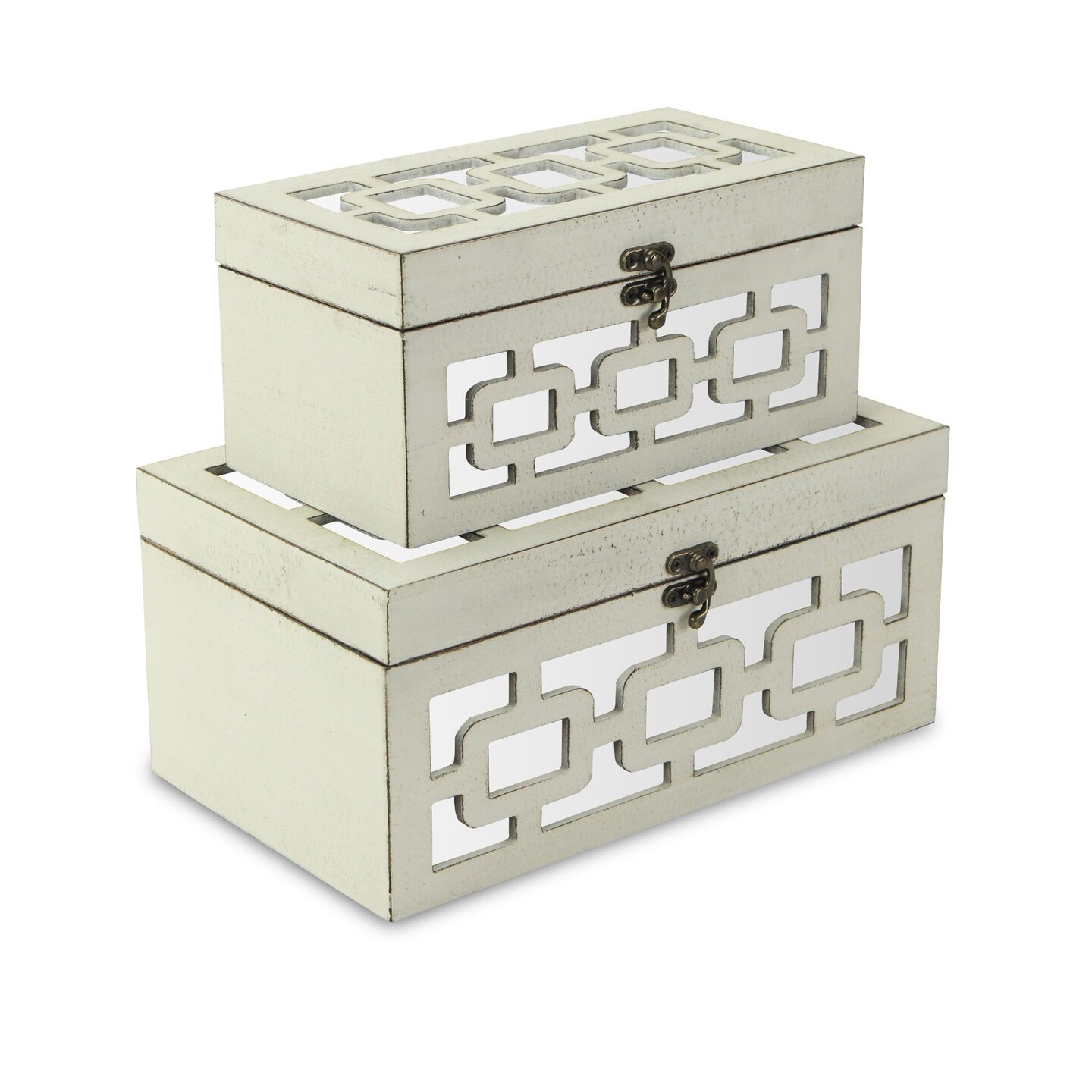 Contemporary Home Living Set of 2 White Lattice Pattern Storage Boxes with Front and Top Mirror 11.75&#x22;