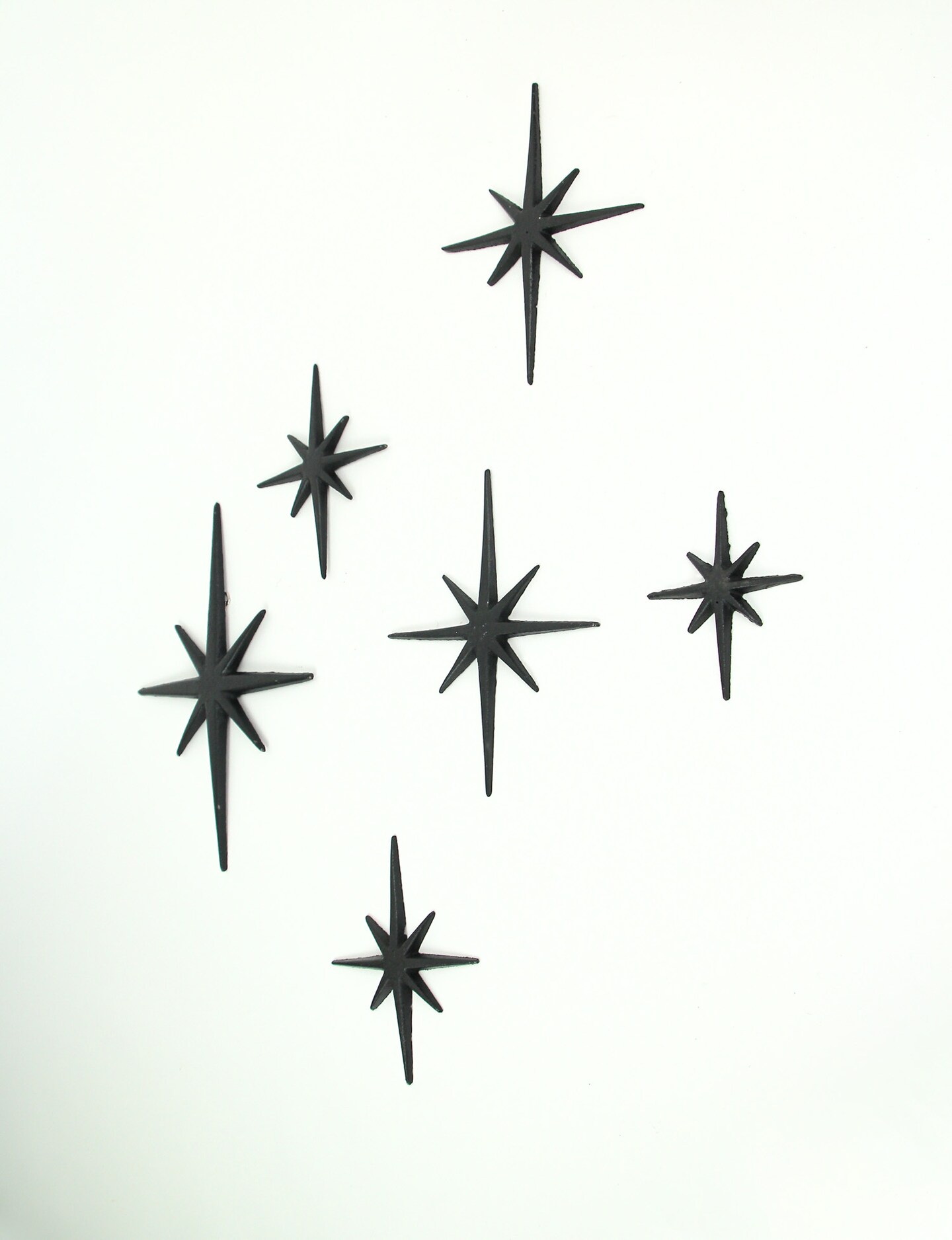 Set of 6 Cast Iron Starburst Wall Hangings Mid Century Modern 8 Pointed Stars