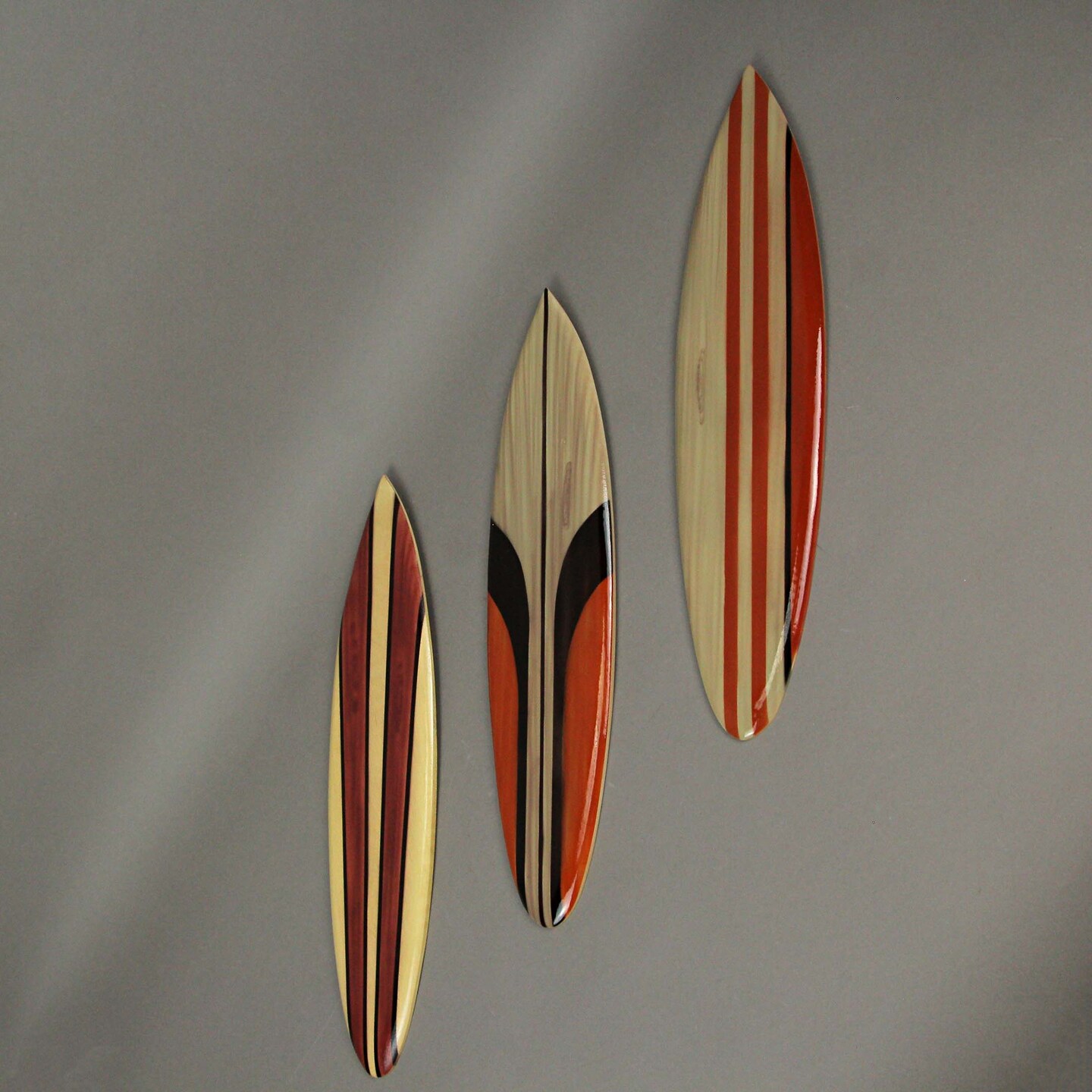 Hand Carved Painted Wooden Surfboard Wall Hanging Decor Beach Art Set of 3