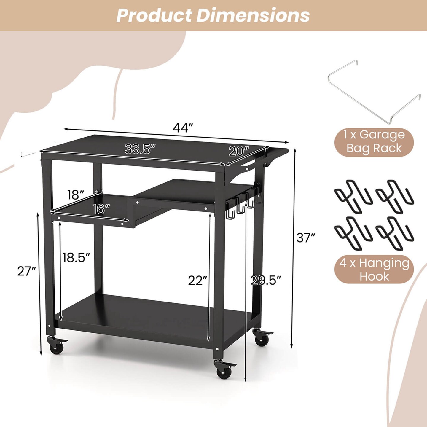 Costway Rolling Grill Cart 3-Shelf BBQ Table Pizza Oven Stand with Trash Bag Holder &#x26; Hooks