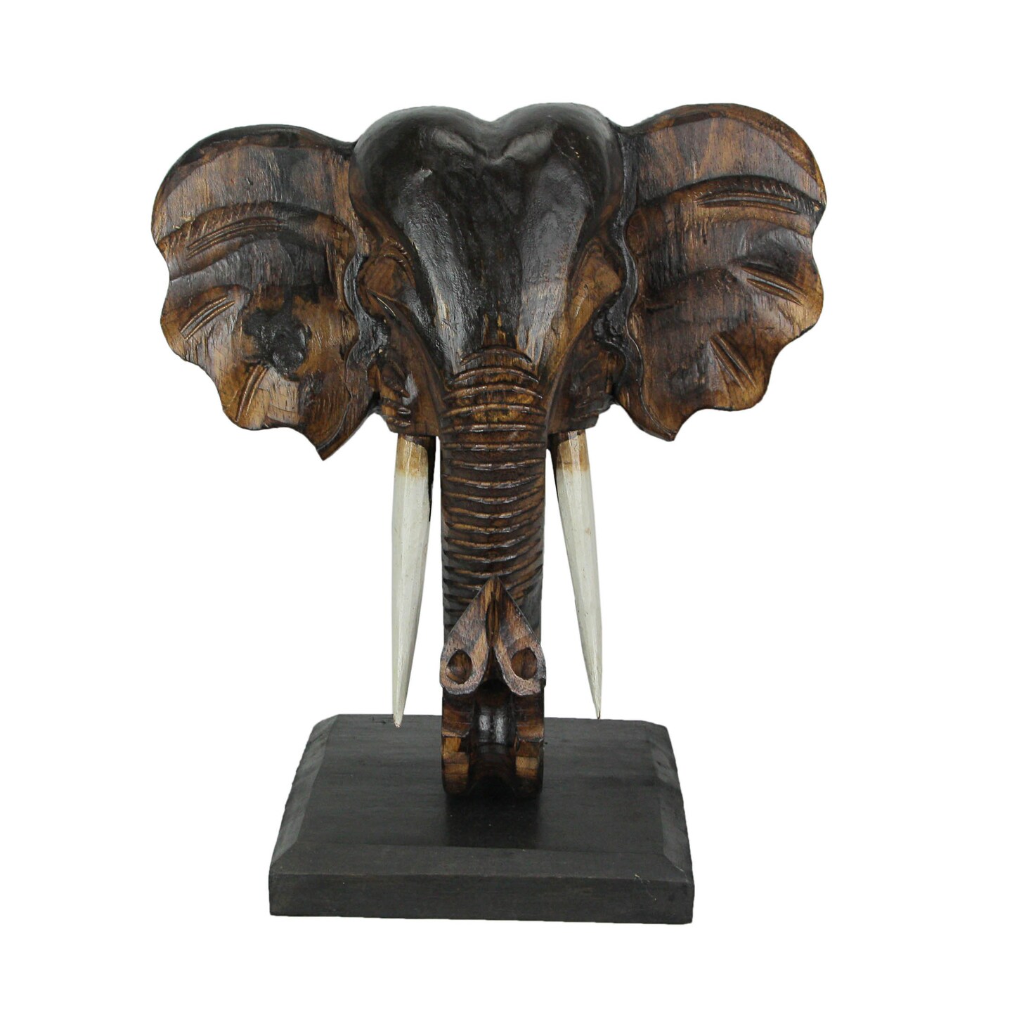 Wooden Carved African Elephant Head Bust Sculpture W/ Stand Home Decor Wall Art