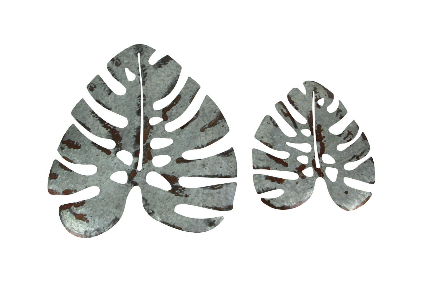 Set of 2 Galvanized Zinc Finish Metal Monstera Leaf Sculptures Wall Hangings