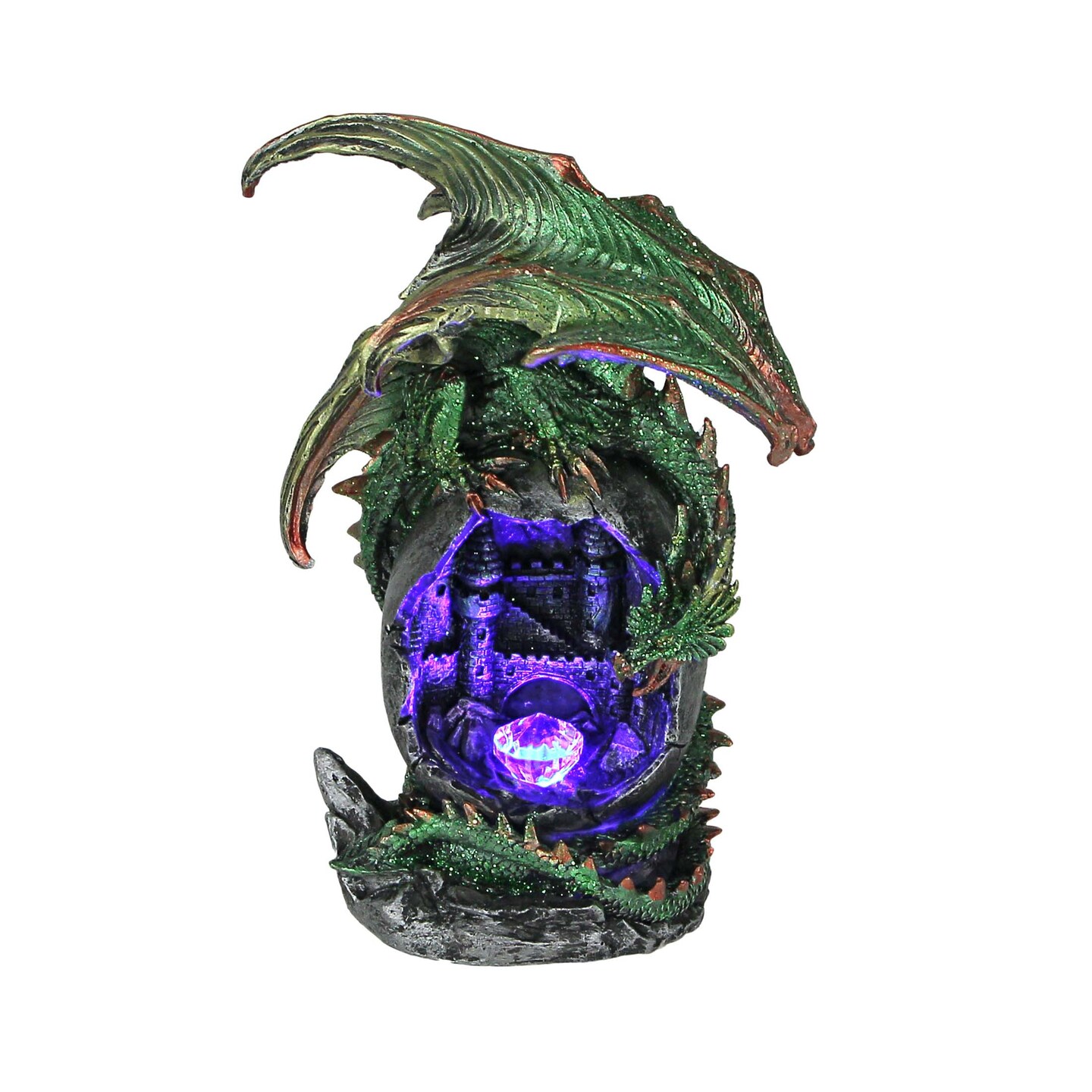 Green Dragon On Castle with Color Changing LED Crystal Gem Statue