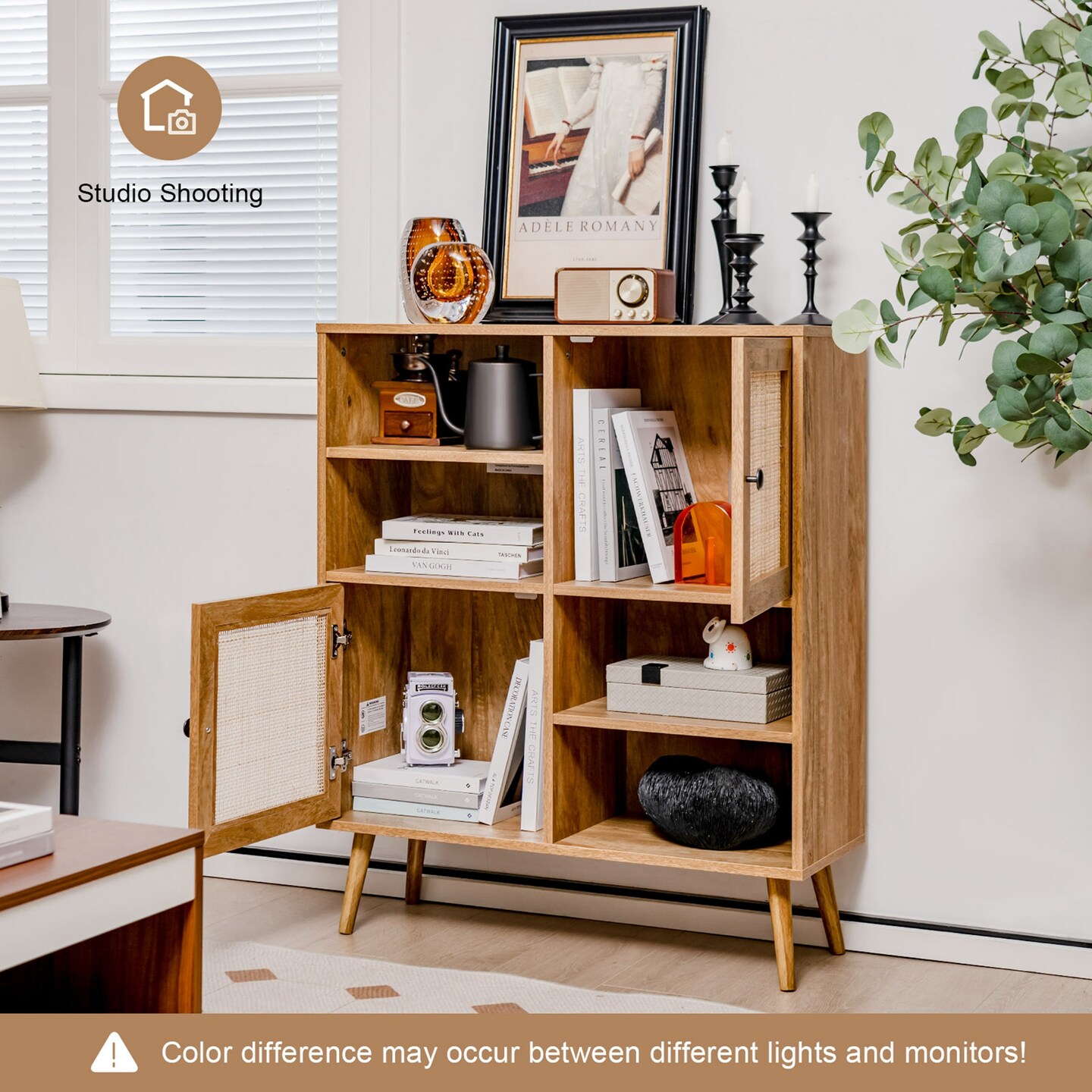 Costway Rattan Buffet Sideboard Accent Storage Cabinet Coffee Bar Cabinet Doors Cubbies