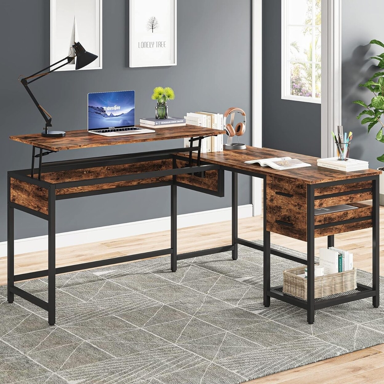 Tribesigns L-Shaped 59" Large Computer Desk with Drawers Corner Desk with Lift Top