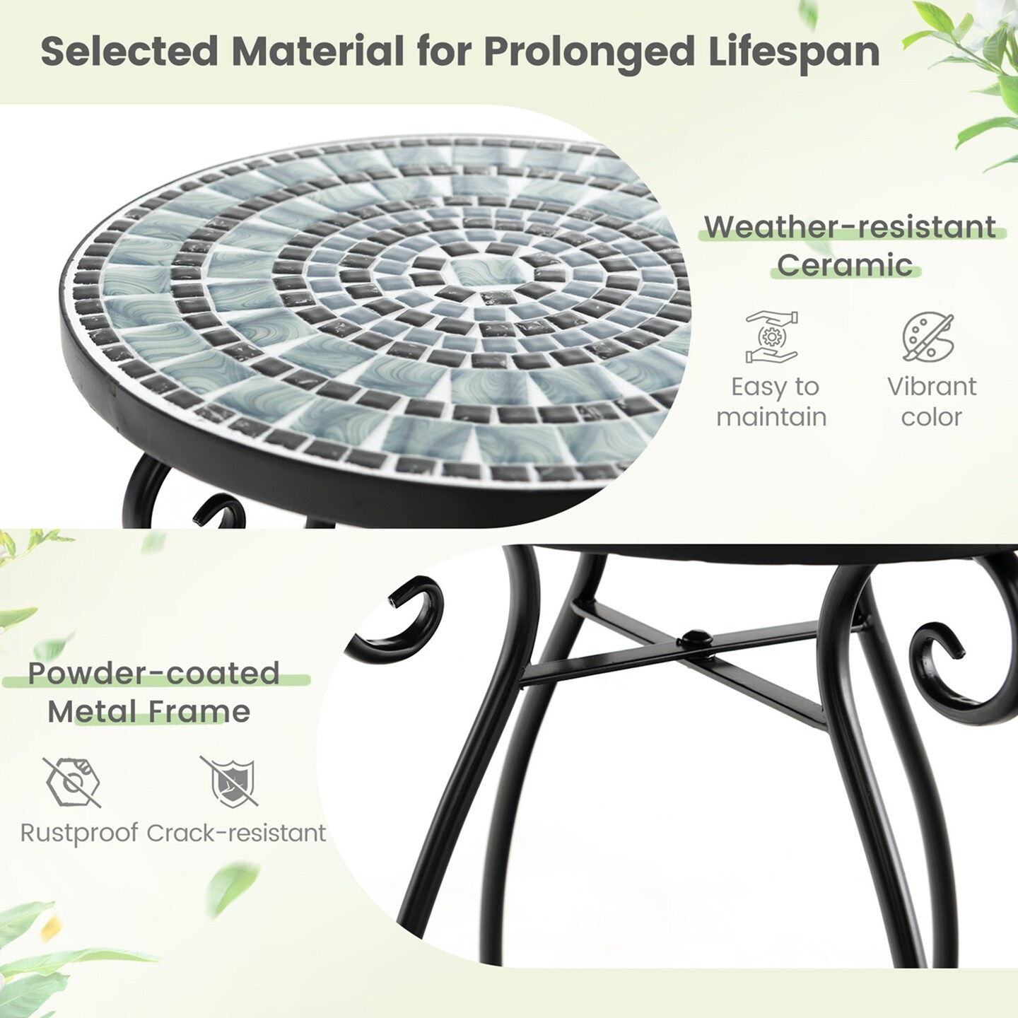 Costway Mosaic Outdoor Round End Table with Weather Resistant Ceramic Tile Tabletop