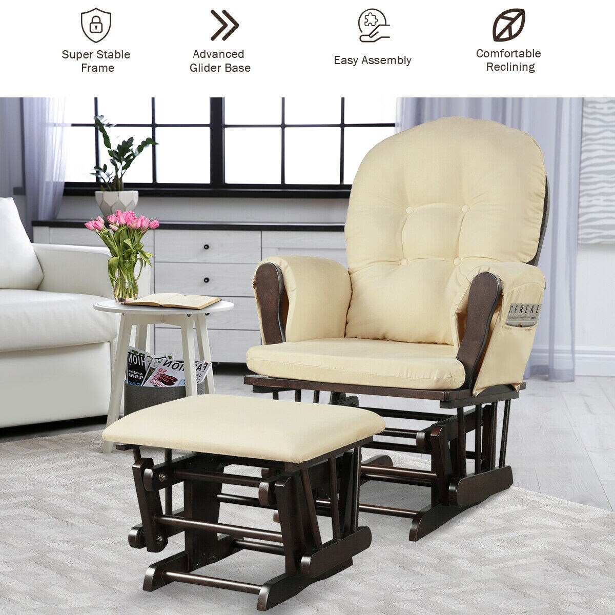 Solid Wood Gliding Chair Set with Pockets and Ottoman for Relaxing