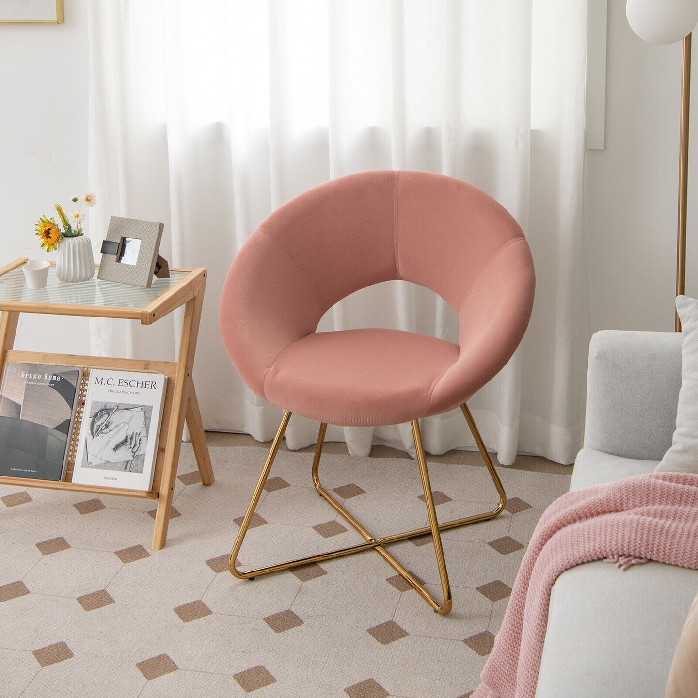 Pink Modern Velvet Accent Chair Vanity Chair with Golden X-Shaped Metal Legs