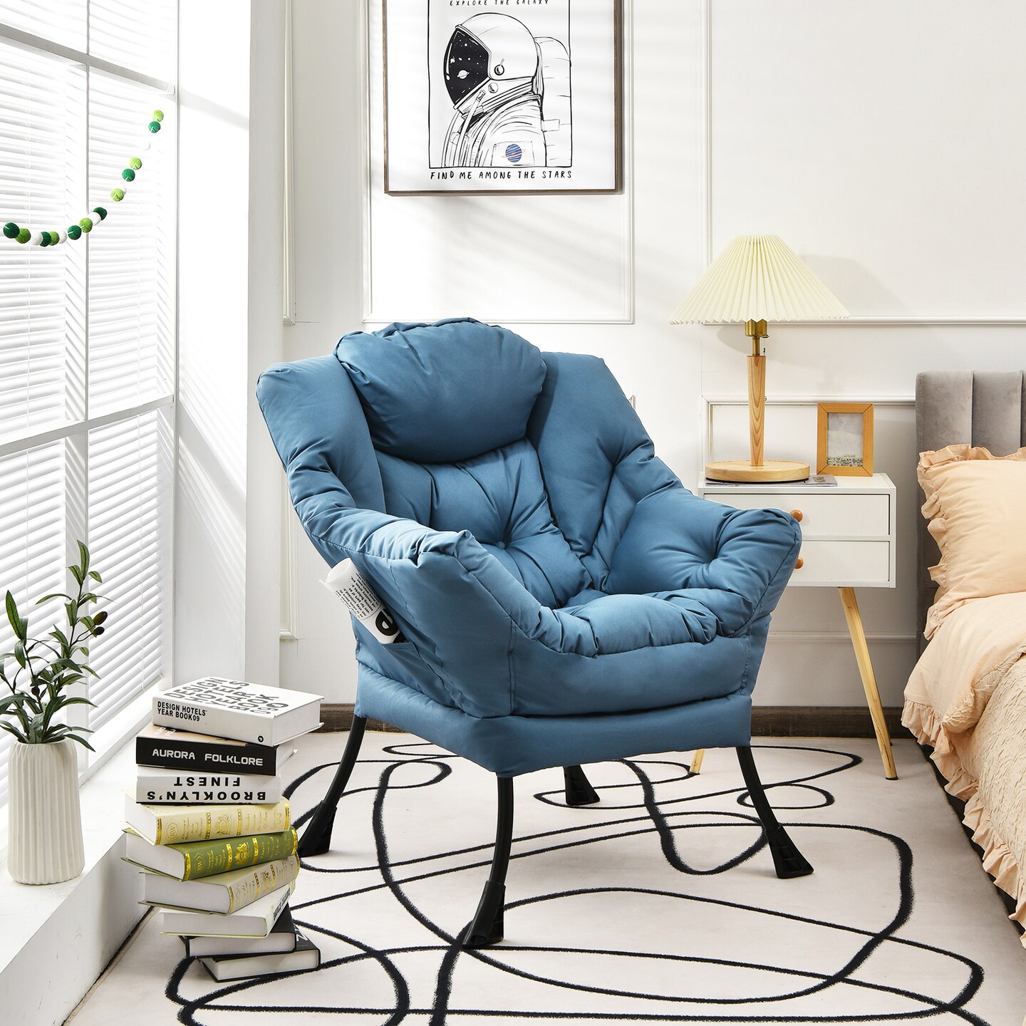 Modern Polyester Fabric Lazy Chair with Side Pocket and Tufted Design Perfect for Any Corner