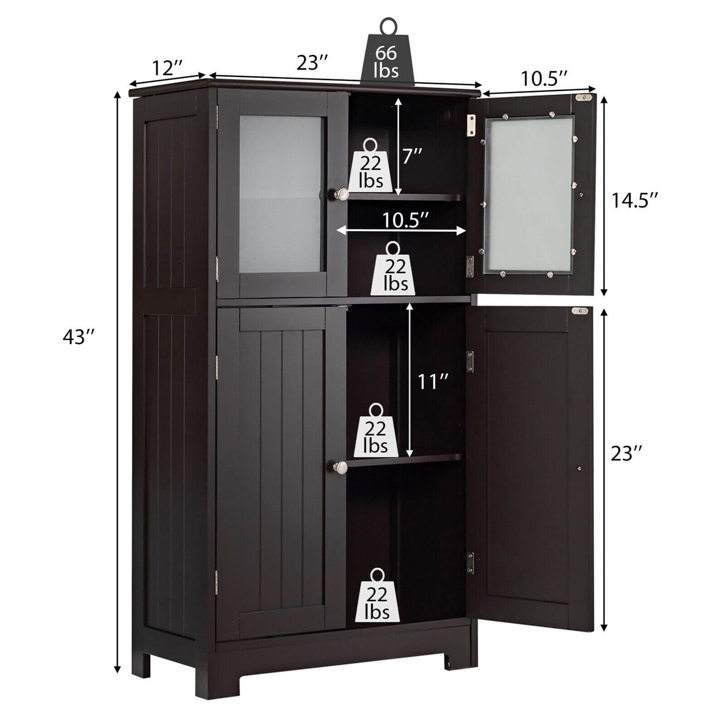 Black MDF Glass Door Floor Cabinet with Adjustable Shelf – 43 inches Storage Unit