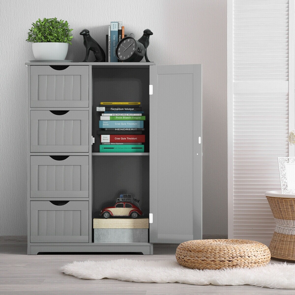 Modern MDF Storage Cabinet with 4 Drawers and Adjustable Shelf Ideal for Bathroom or Bedroom