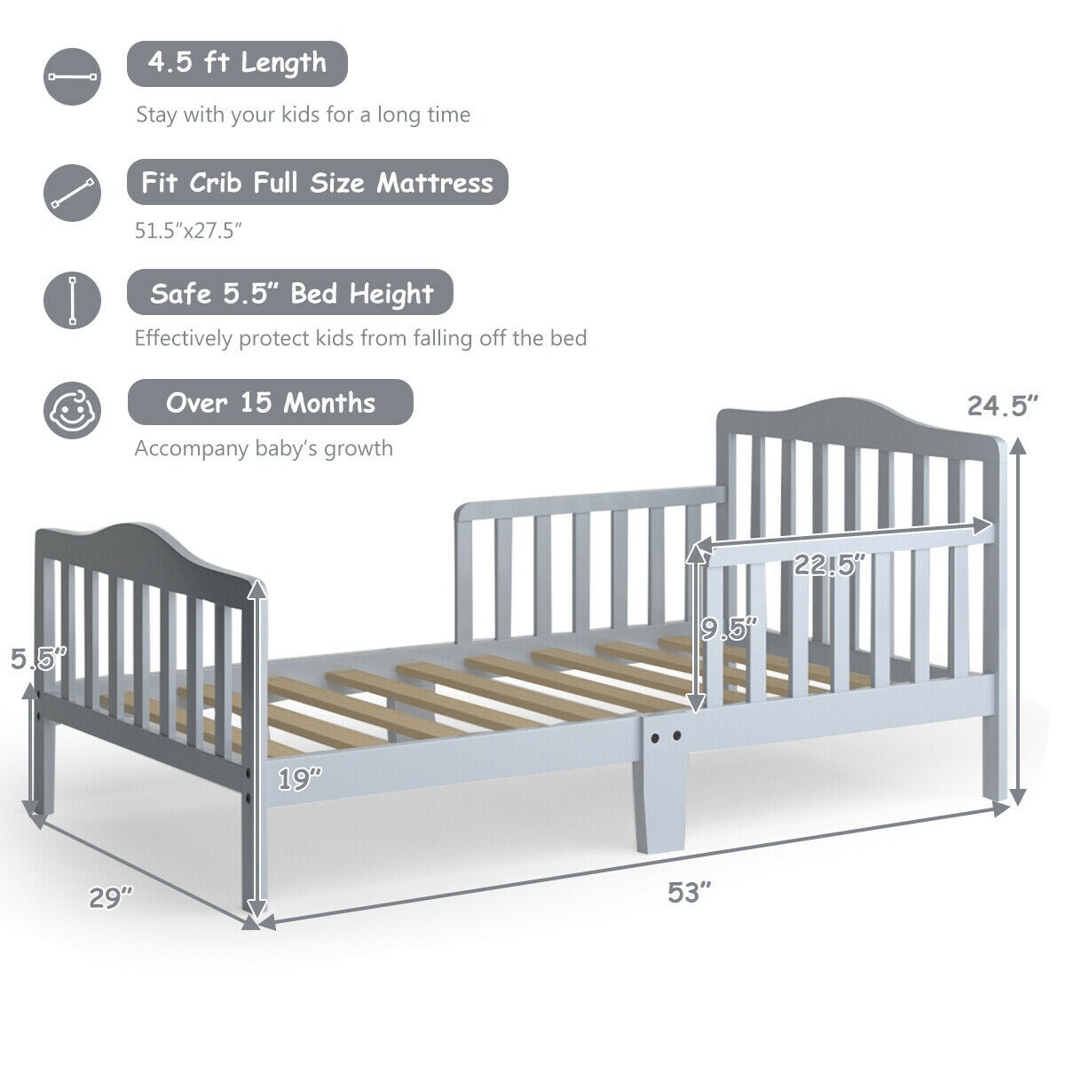Classic Design Kids Wood Bed Frame with Two Side Safety Guardrails