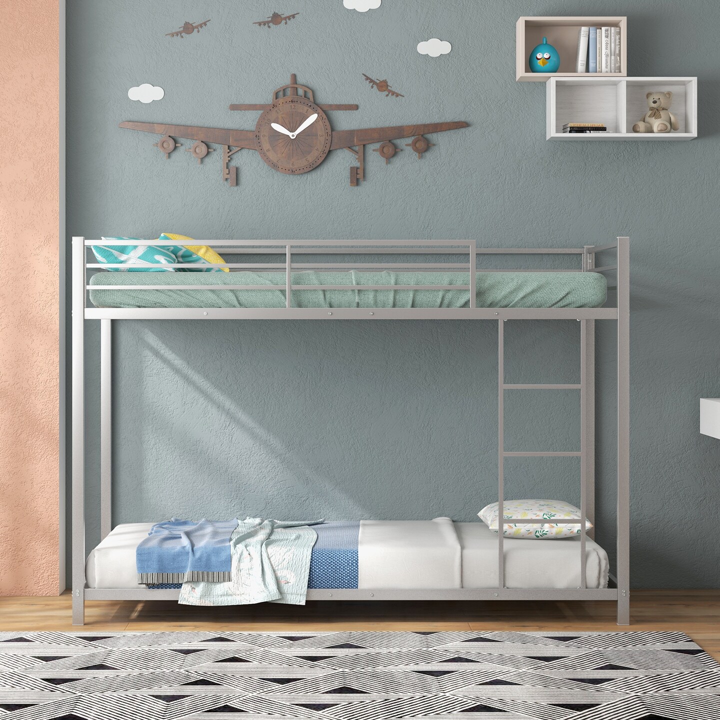 Twin Over Twin Metal Bunk Bed, Low Profile, Safe, No Box-Spring