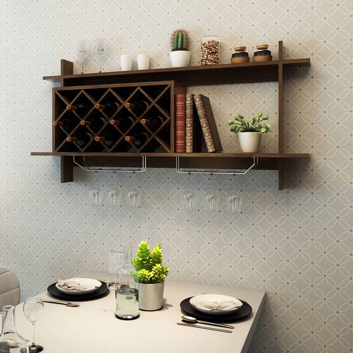 Wall Mounted Wine Rack Walnut MDF Stainless Steel 10 Bottle Storage With Glass Holder Space Saving Kitchen Bar Wine Organizer Shelf