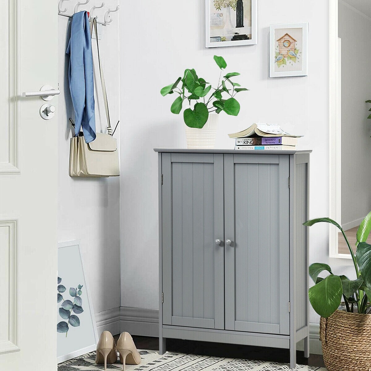 2-Door Freer-Standing Bathroom Storage Organizer Cabinet with Shelf