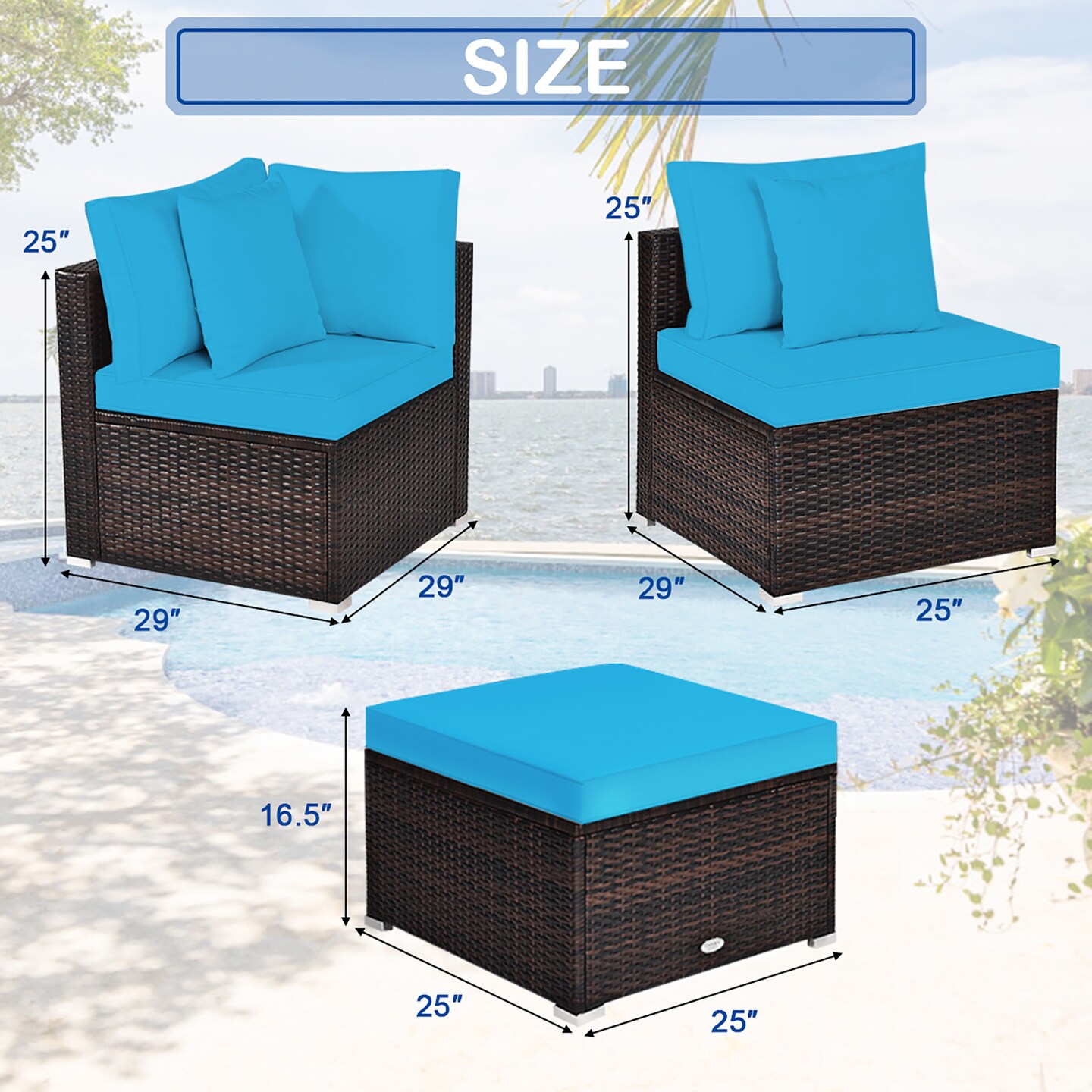 Costway 4PCS Patio Rattan Wicker Furniture Set Cushioned Sofa Ottoman Garden Turquoise\Red