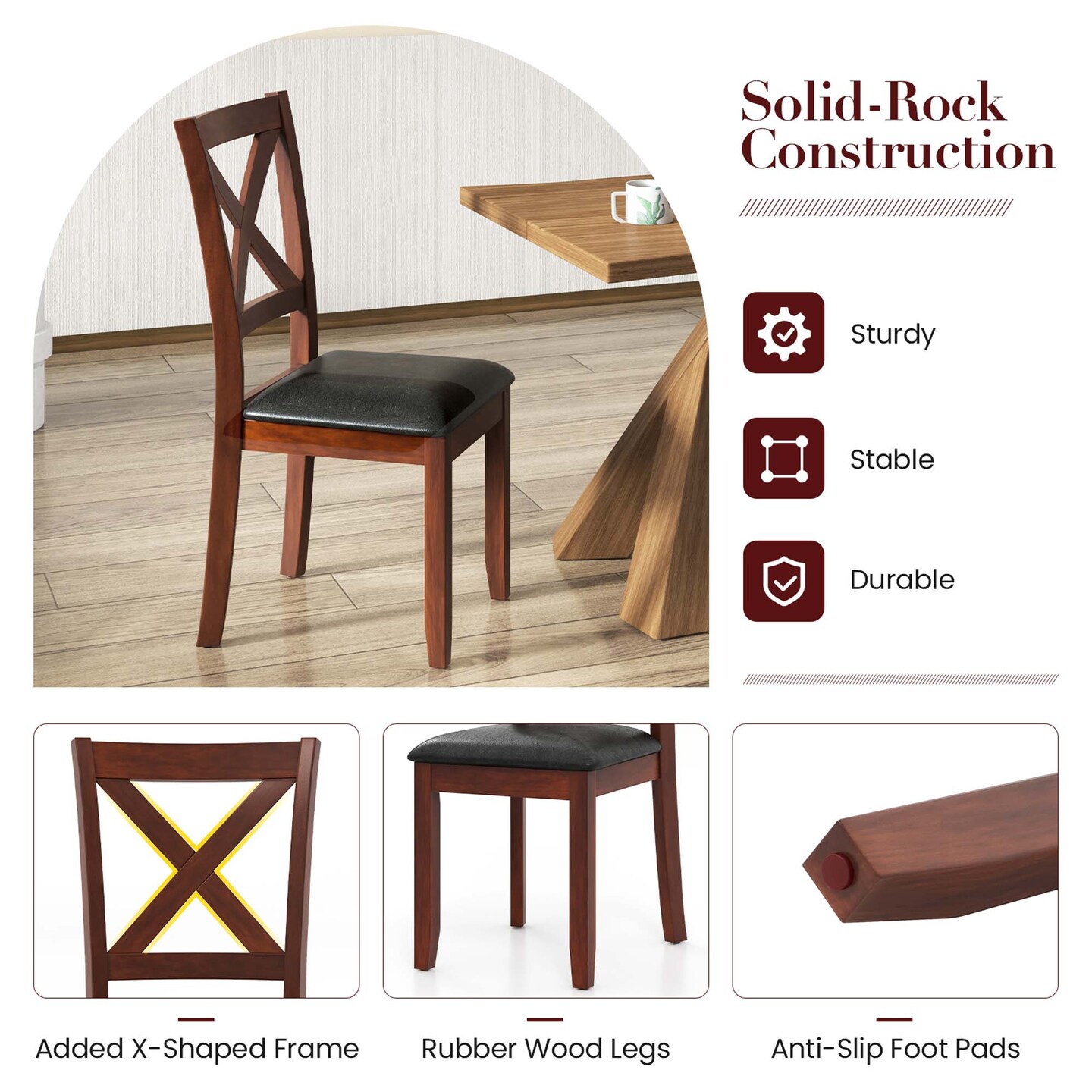 Costway Wooden Dining Chairs Set of 2 Kitchen Side Chair with Padded Seat Rubber Wood Legs