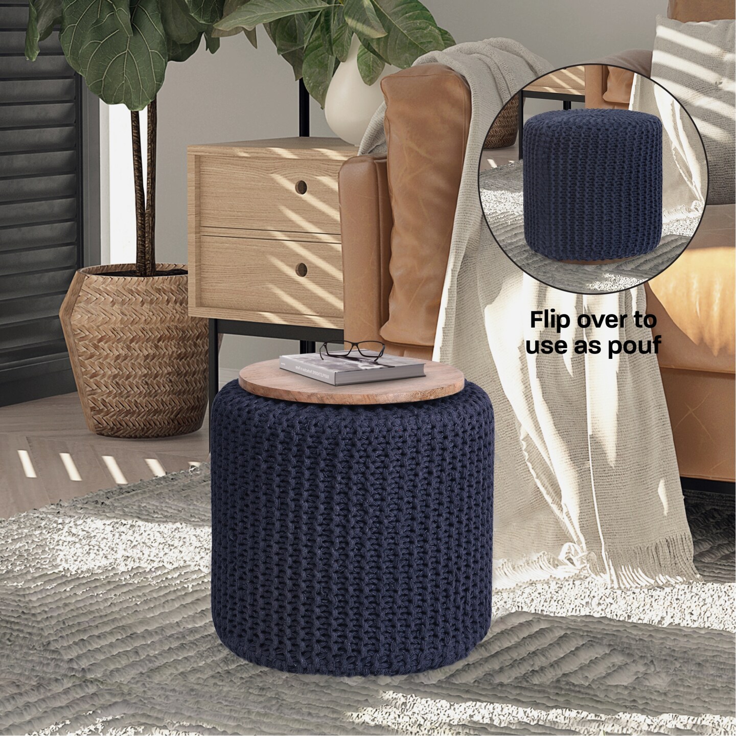 Marguerite Cotton Yarn 3-in-1 Pouf/Ottoman/End Table