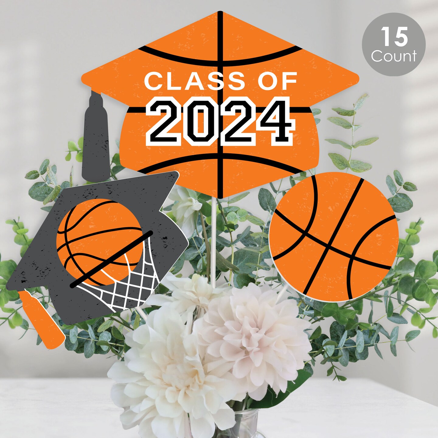 Big Dot of Happiness Grad Basketball - 2024 Graduation Party Centerpiece Sticks - Table Toppers - Set of 15