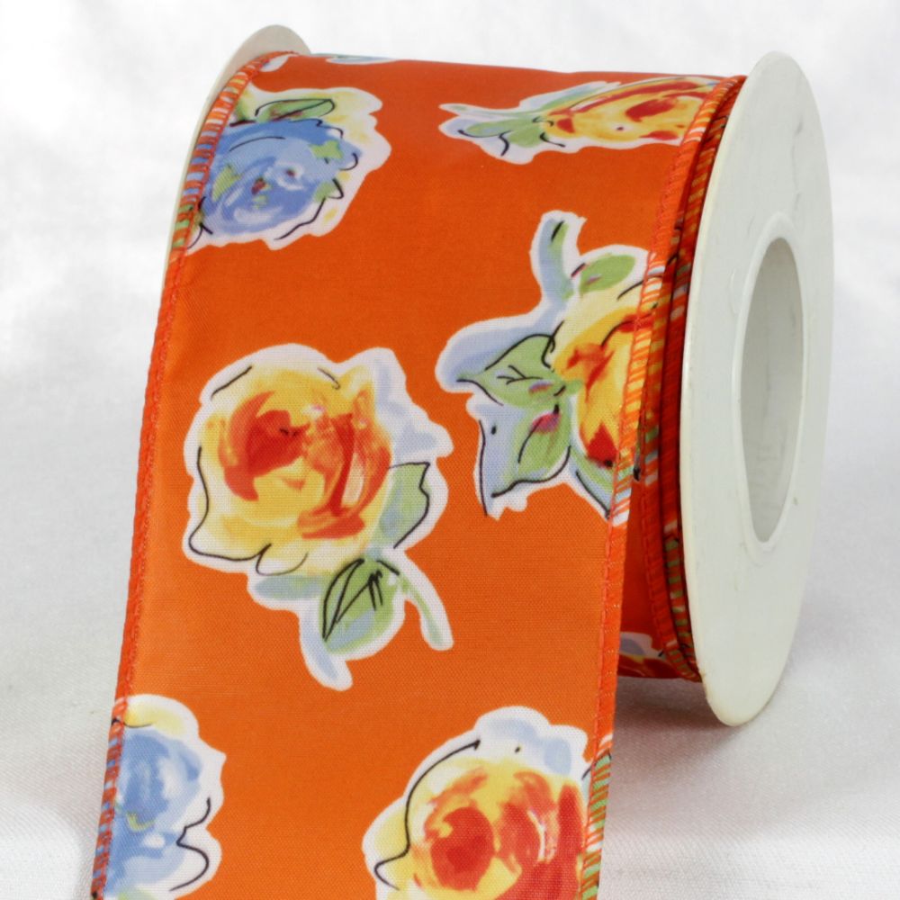 The Ribbon People Orange and Blue Floral Primavera Ribbon 2.4